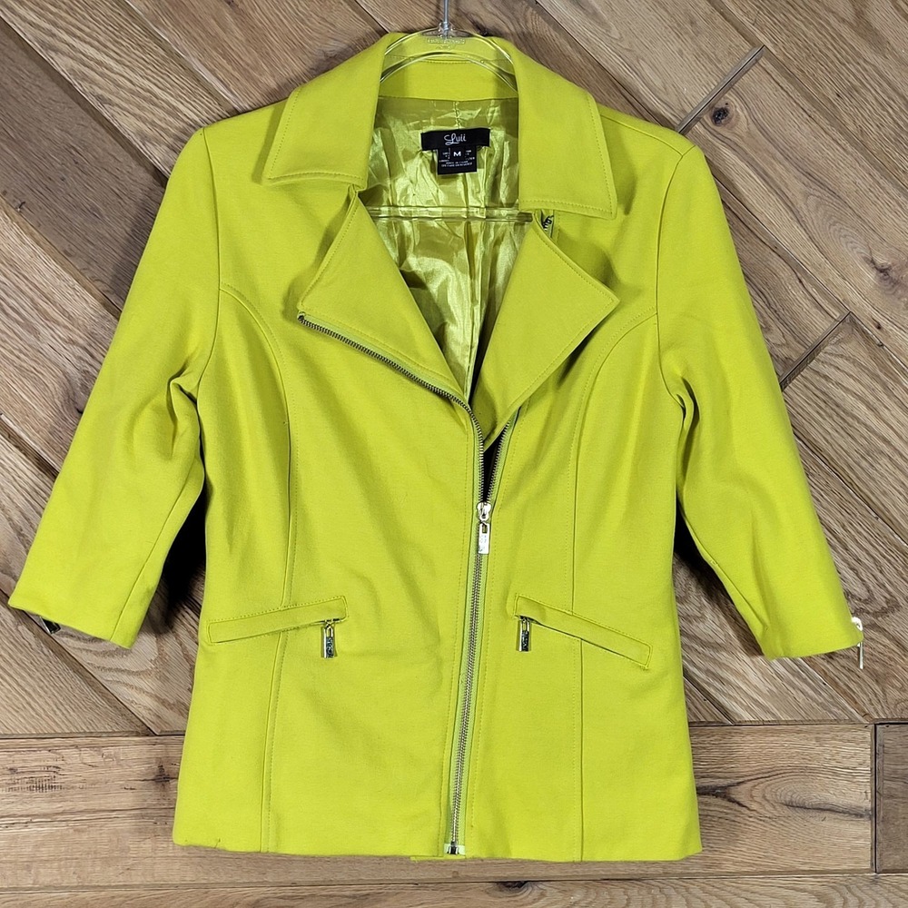 Luii Lime Green Asymmetrical Zip Jacket Size M Lined Pockets 3/4 Sleeves